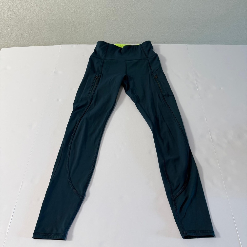 Athleta Rainier Tight Teal Neon Yellow High Rise Leggings‎ Zip Pockets XXS